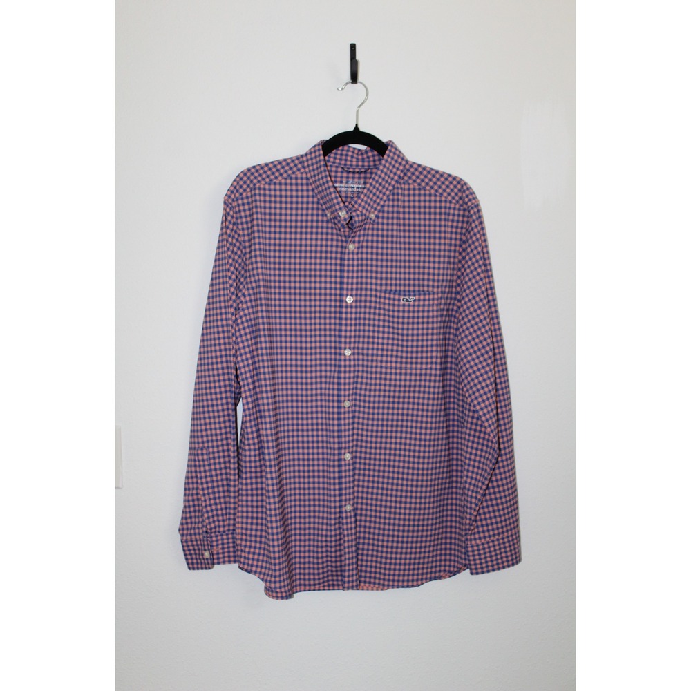 Vineyard Vines On-The-Go Performance Shirt Mens Large Blue Coral Gingham Stretch